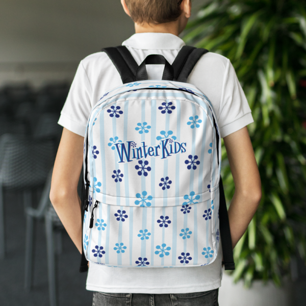 WinterKids Backpack Blue Snowflake front WinterKids Backpack Blue Snowflake mockup Back Lifestyle White