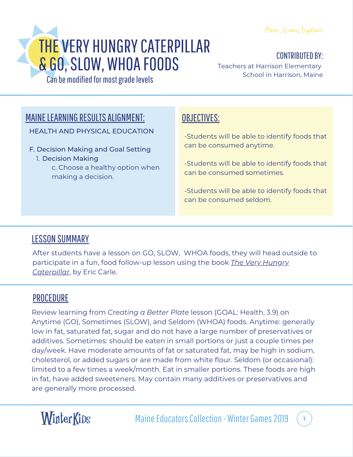 Go Slow Whoa Foods Printable Lesson Plan Preview WinterKids